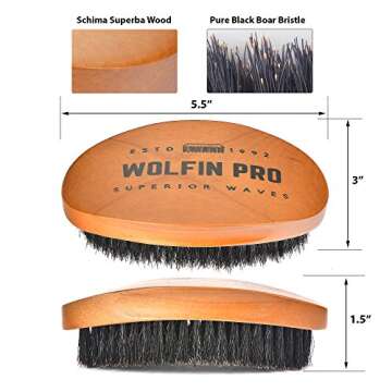 Wolfin Pro- Premium Curved 360 Wave Brush, 100% Natural Schima Superba Wood with Reinforced Pure Bla...