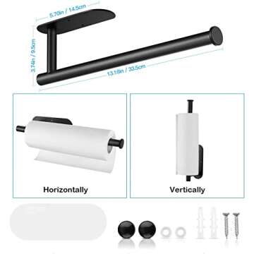 Paper Towel Holders for Kitchen,Paper Towels Bulk- Self-Adhesive Under Cabinet,Both Available in Adhesive and Screws,Stainless Steel Paper Towel Roll Rack (1, Bright Black)