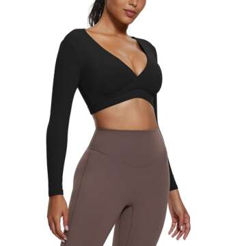 Aoxjox Leah Long Sleeve Crop for Women Deep V Half Cutout Workout Cropped T Shirt Top (Black, Medium)