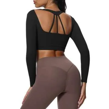Aoxjox Leah Long Sleeve Crop for Women Deep V Half Cutout Workout Cropped T Shirt Top (Black, Medium)