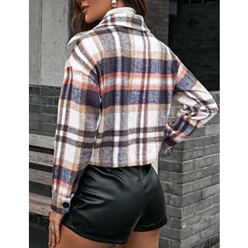 Yeokou Women's Fashion Cropped Flannel Wool Blend Plaid Shacket Long Sleeve Button Down Jackets Coat