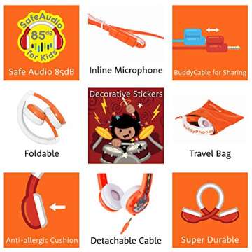 BuddyPhones Explore Foldable, Volume-Limiting Kids Headphones, Built-in Microphone, BuddyCable for Sharing, Perfect for iPad, iPhone, Fire, and Android, Orange