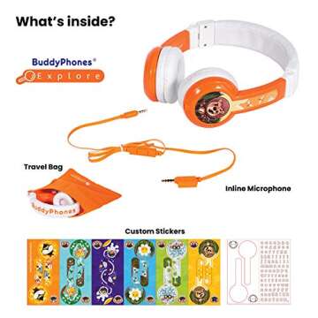 BuddyPhones Explore Foldable, Volume-Limiting Kids Headphones, Built-in Microphone, BuddyCable for Sharing, Perfect for iPad, iPhone, Fire, and Android, Orange