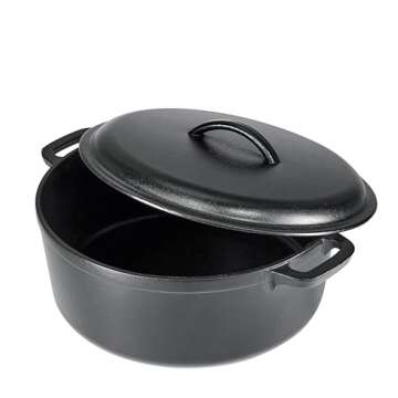 Amazon Basics Round Pre-Seasoned Cast Iron Dutch Oven Pot with Lid and Dual Handles, Heavy-Duty & Large, 7-Quart, Black