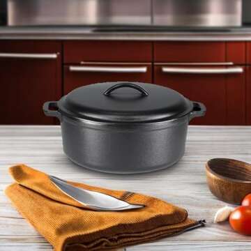 Amazon Basics Round Pre-Seasoned Cast Iron Dutch Oven Pot with Lid and Dual Handles, Heavy-Duty & Large, 7-Quart, Black