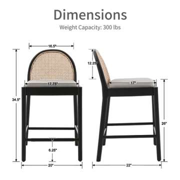 HEAH-YO Modern Counter Stools Set of 2, 26 Inches Counter Height Bar Stools with Rattan Backrests and Wood Legs, Upholstered Linen Fabric Kitchen Stools for Island, Grey