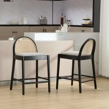 HEAH-YO Modern Counter Stools Set of 2, 26 Inches Counter Height Bar Stools with Rattan Backrests and Wood Legs, Upholstered Linen Fabric Kitchen Stools for Island, Grey