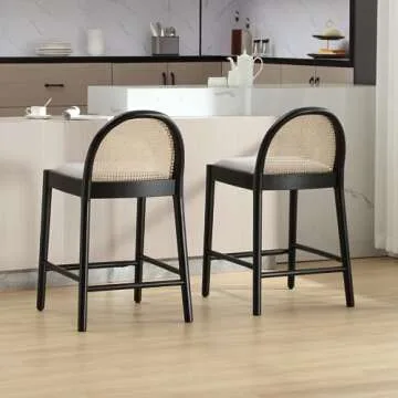 HEAH-YO Modern Counter Stools Set of 2, 26 Inches Counter Height Bar Stools with Rattan Backrests and Wood Legs, Upholstered Linen Fabric Kitchen Stools for Island, Grey