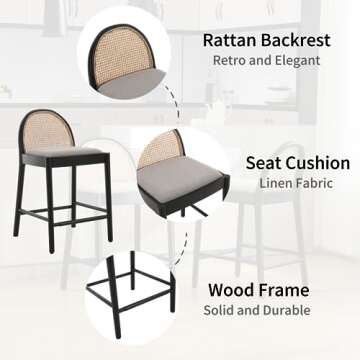 HEAH-YO Modern Counter Stools Set of 2, 26 Inches Counter Height Bar Stools with Rattan Backrests and Wood Legs, Upholstered Linen Fabric Kitchen Stools for Island, Grey