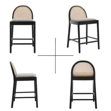 HEAH-YO Modern Counter Stools Set of 2, 26 Inches Counter Height Bar Stools with Rattan Backrests and Wood Legs, Upholstered Linen Fabric Kitchen Stools for Island, Grey