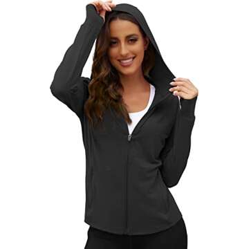 We1Fit Women's UPF 50+ Sun Protection Jacket Hoodie Sun Shirts Hiking Running Athletic Shirt Black