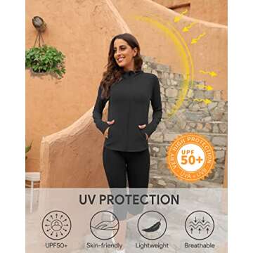 We1Fit Women's UPF 50+ Sun Protection Jacket Hoodie Sun Shirts Hiking Running Athletic Shirt Black