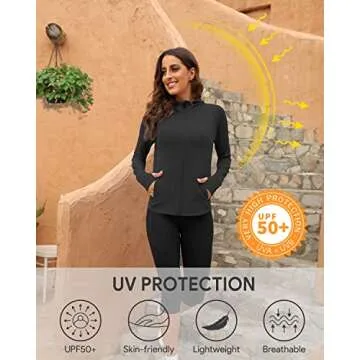 We1Fit Women's UPF 50+ Sun Protection Jacket Hoodie Sun Shirts Hiking Running Athletic Shirt Black