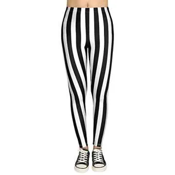 HDE Black and White Stripe Leggings Halloween Theme Pants Workout Tights - XX-Large