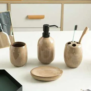 Vellarr Bathroom Accessories Set, 4-Piece Ceramic Bath Collection Accessory Completes with Soap Dispenser, Toothbrush Holder, Tumbler, Soap Dish Ideas for Home Bathroom Decor Gift (Set of 4, Brown)