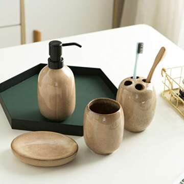 Vellarr Bathroom Accessories Set, 4-Piece Ceramic Bath Collection Accessory Completes with Soap Dispenser, Toothbrush Holder, Tumbler, Soap Dish Ideas for Home Bathroom Decor Gift (Set of 4, Brown)