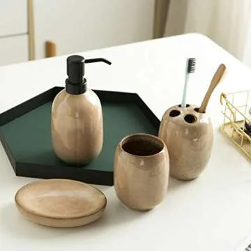 Vellarr Bathroom Accessories Set, 4-Piece Ceramic Bath Collection Accessory Completes with Soap Dispenser, Toothbrush Holder, Tumbler, Soap Dish Ideas for Home Bathroom Decor Gift (Set of 4, Brown)