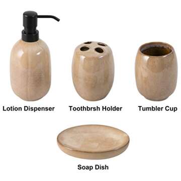 Vellarr Bathroom Accessories Set, 4-Piece Ceramic Bath Collection Accessory Completes with Soap Dispenser, Toothbrush Holder, Tumbler, Soap Dish Ideas for Home Bathroom Decor Gift (Set of 4, Brown)