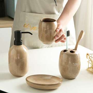 Vellarr Bathroom Accessories Set, 4-Piece Ceramic Bath Collection Accessory Completes with Soap Dispenser, Toothbrush Holder, Tumbler, Soap Dish Ideas for Home Bathroom Decor Gift (Set of 4, Brown)