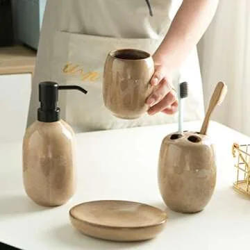 Vellarr Bathroom Accessories Set, 4-Piece Ceramic Bath Collection Accessory Completes with Soap Dispenser, Toothbrush Holder, Tumbler, Soap Dish Ideas for Home Bathroom Decor Gift (Set of 4, Brown)