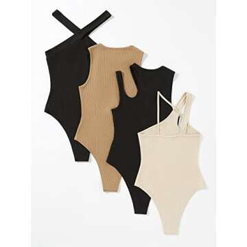 MakeMeChic Women's 4 Piece Sexy Bodysuits Casual Solid Sleeveless Ribbed Knit Shapewear Tank Top Bod...