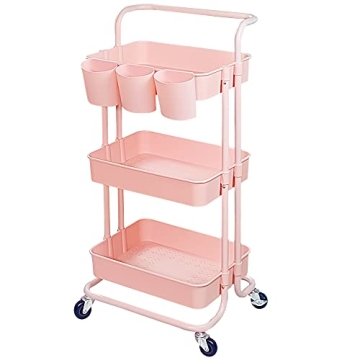 Lontenrea 3-Tier Multifunction Rolling Cart Utility Storage Shelves Cart with Hanging Cup Lockable W...
