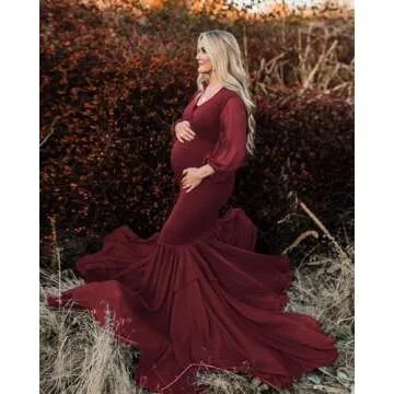 Saslax Burgundy Chiffon Sleeve Maternity Dress for Photoshoots