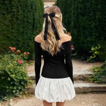 ABYOVRT Women Bubble Mini Dress Long Sleeve Off Shoulder Puffy Short Dress Fall Cocktail Party Formal Dresses (Black White,S)