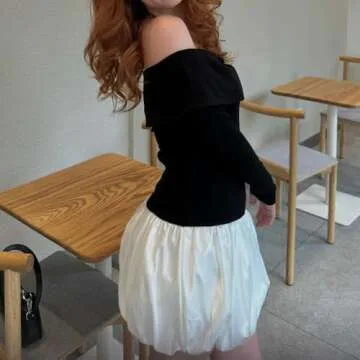 ABYOVRT Women Bubble Mini Dress Long Sleeve Off Shoulder Puffy Short Dress Fall Cocktail Party Formal Dresses (Black White,S)