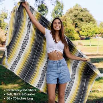 Benevolence LA Authentic Handwoven Mexican Blanket | Yoga Blankets, Outdoor, Picnic, Beach, Camping | Equestrian Saddle | Serape 50x70 inches - Sunshine, Pack of 1