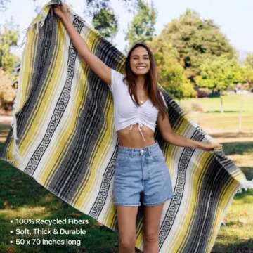 Benevolence LA Authentic Handwoven Mexican Blanket | Yoga Blankets, Outdoor, Picnic, Beach, Camping | Equestrian Saddle | Serape 50x70 inches - Sunshine, Pack of 1