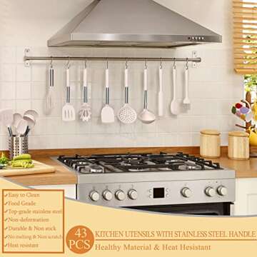 Silicone Cooking Utensil Set, Umite Chef 43 PCS Heat Resistant Kitchen Utensil Gadgets Set-Stainless Steel Handle- Kitchen Spatula Tools for Nonstick Cookware, Pots and Pans Accessories (Khaki)