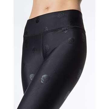 Terez Women Activewear Foil Print Tall Band Performance Legging (Large, Foil Black Skull)
