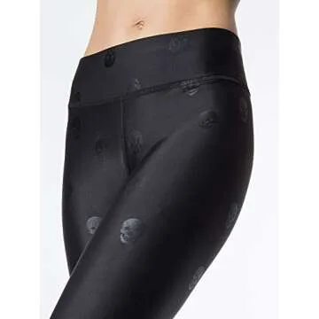 Terez Women Activewear Foil Print Tall Band Performance Legging (Large, Foil Black Skull)