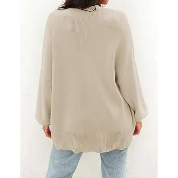 ZESICA Women's Casual Long Sleeve Cardigan V Neck Button Down Open Front Knit Loose Oversized Sweater Coat,Sand,Medium