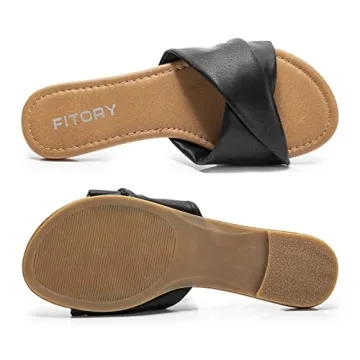 FITORY Women's Black Flat Sandals Summer Comfort Size 6
