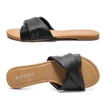 FITORY Women's Black Flat Sandals Summer Comfort Size 6