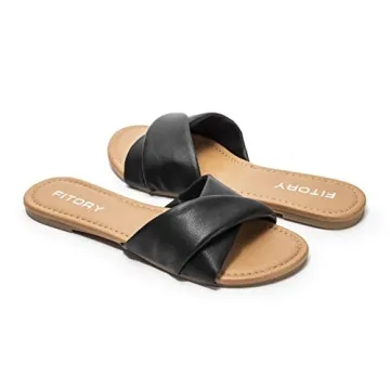 FITORY Women's Black Flat Sandals Summer Comfort Size 6