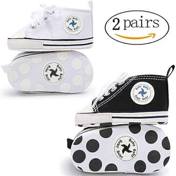 Baby Girls Boys Shoes Soft Anti-Slip Sole Newborn First Walkers Star High Top Canvas Denim Unisex Infant Sneaker (E01-2 Pairs/Black+White, 0-6 Months)