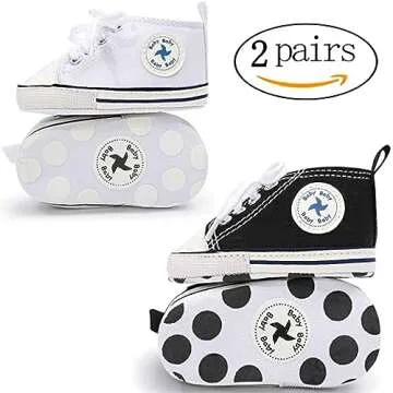 Baby Girls Boys Shoes Soft Anti-Slip Sole Newborn First Walkers Star High Top Canvas Denim Unisex Infant Sneaker (E01-2 Pairs/Black+White, 0-6 Months)