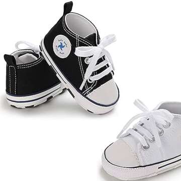 Baby Girls Boys Shoes Soft Anti-Slip Sole Newborn First Walkers Star High Top Canvas Denim Unisex Infant Sneaker (E01-2 Pairs/Black+White, 0-6 Months)