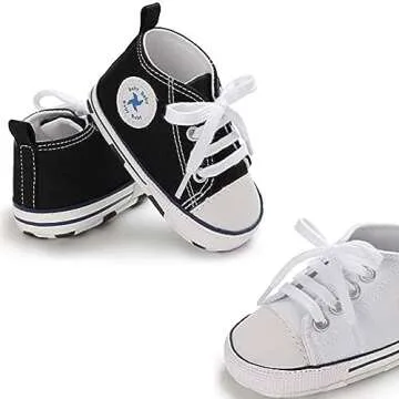 Baby Girls Boys Shoes Soft Anti-Slip Sole Newborn First Walkers Star High Top Canvas Denim Unisex Infant Sneaker (E01-2 Pairs/Black+White, 0-6 Months)