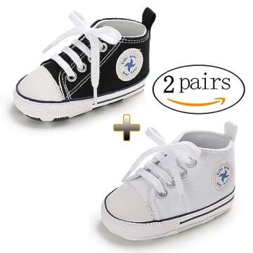 Baby Girls Boys Shoes Soft Anti-Slip Sole Newborn First Walkers Star High Top Canvas Denim Unisex Infant Sneaker (E01-2 Pairs/Black+White, 0-6 Months)