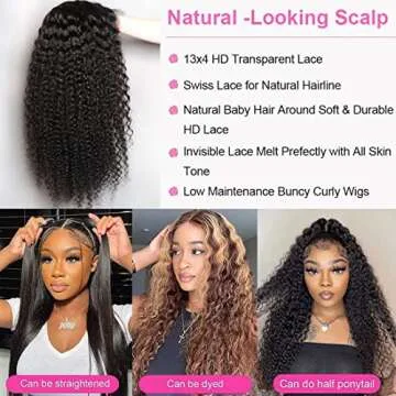 Doheroine 13x4 Curly Wigs for Women 180 Density 24 Inches Brazilian Virgin with Baby Hair Deep Curly Lace Front Wigs Human Hair Pre Plucked Lace Front Wigs Natural Black Color