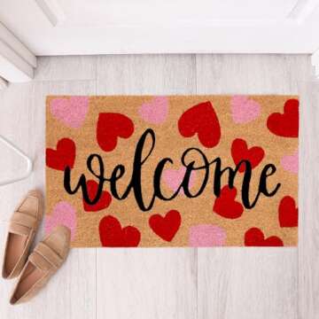 JarThenaAMCS Valentine Natural Coir Doormat Red Pink Love Heart Welcome Floor Mat Non-Slip Entrance ...