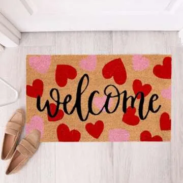JarThenaAMCS Valentine Natural Coir Doormat Red Pink Love Heart Welcome Floor Mat Non-Slip Entrance ...