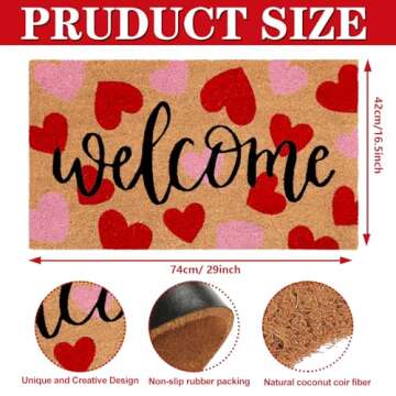 JarThenaAMCS Valentine Natural Coir Doormat Red Pink Love Heart Welcome Floor Mat Non-Slip Entrance Door Rugs for Indoor Outdoor Home Bathroom Decor, 16.5 x 29 Inch