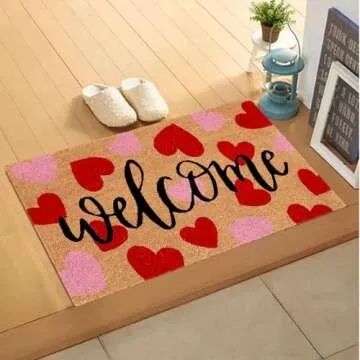 JarThenaAMCS Valentine Natural Coir Doormat Red Pink Love Heart Welcome Floor Mat Non-Slip Entrance Door Rugs for Indoor Outdoor Home Bathroom Decor, 16.5 x 29 Inch