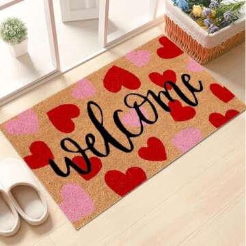 JarThenaAMCS Valentine Natural Coir Doormat Red Pink Love Heart Welcome Floor Mat Non-Slip Entrance Door Rugs for Indoor Outdoor Home Bathroom Decor, 16.5 x 29 Inch