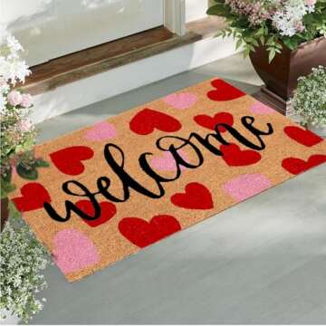 JarThenaAMCS Valentine Natural Coir Doormat Red Pink Love Heart Welcome Floor Mat Non-Slip Entrance Door Rugs for Indoor Outdoor Home Bathroom Decor, 16.5 x 29 Inch